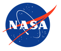 A blue circular NASA logo with white letters, a red swoosh crossing diagonally, and white stars scattered inside.