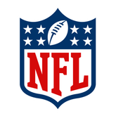 A blue and white shield with eight white stars, a white football at the top, and large red letters NFL in the center.