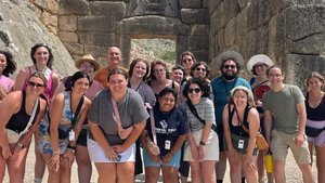 Group Smiling Ancient Stone Gateway