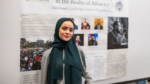 Young Woman Wearing Dark Green Hijab Gray Sweater
